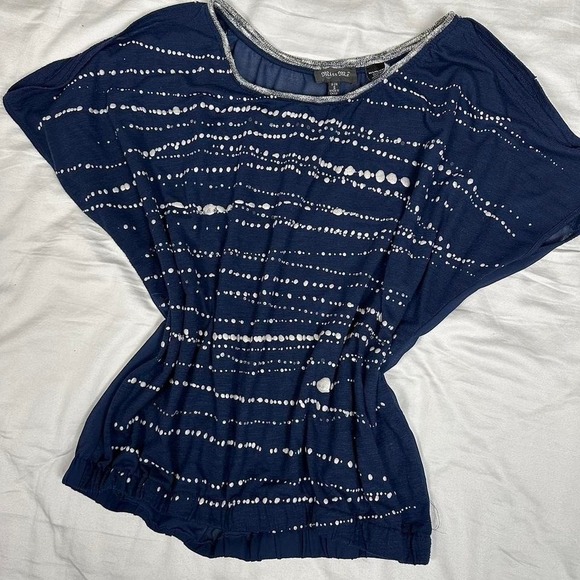 y2k Miss Me navy blue & silver glitter bat wing short sleeve wide neck top - Picture 2 of 6